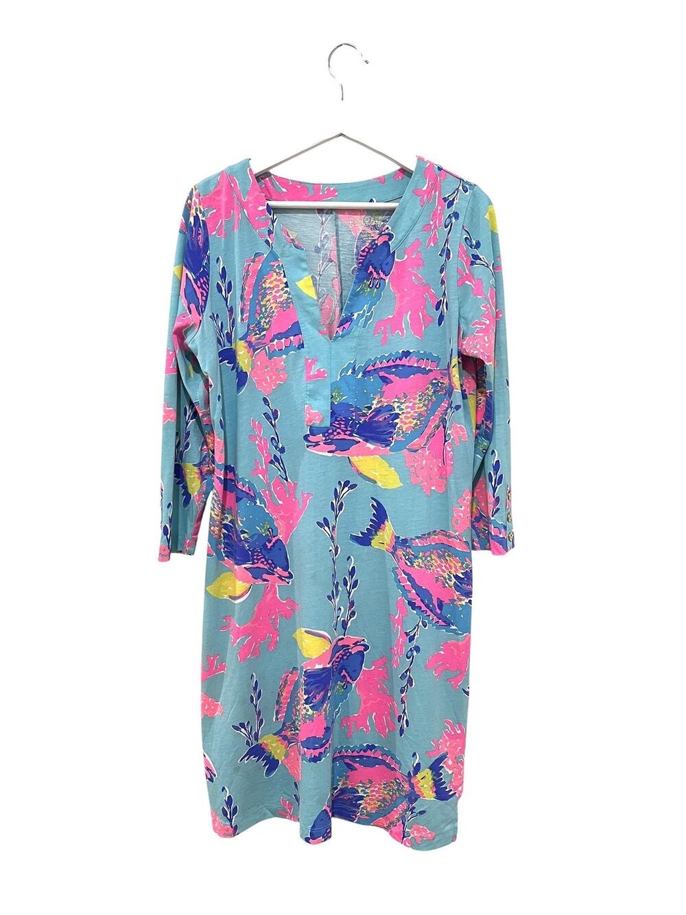 Lilly Pulitzer Dress Womens Large Shorely Blue Print Pima Cotton Shift
